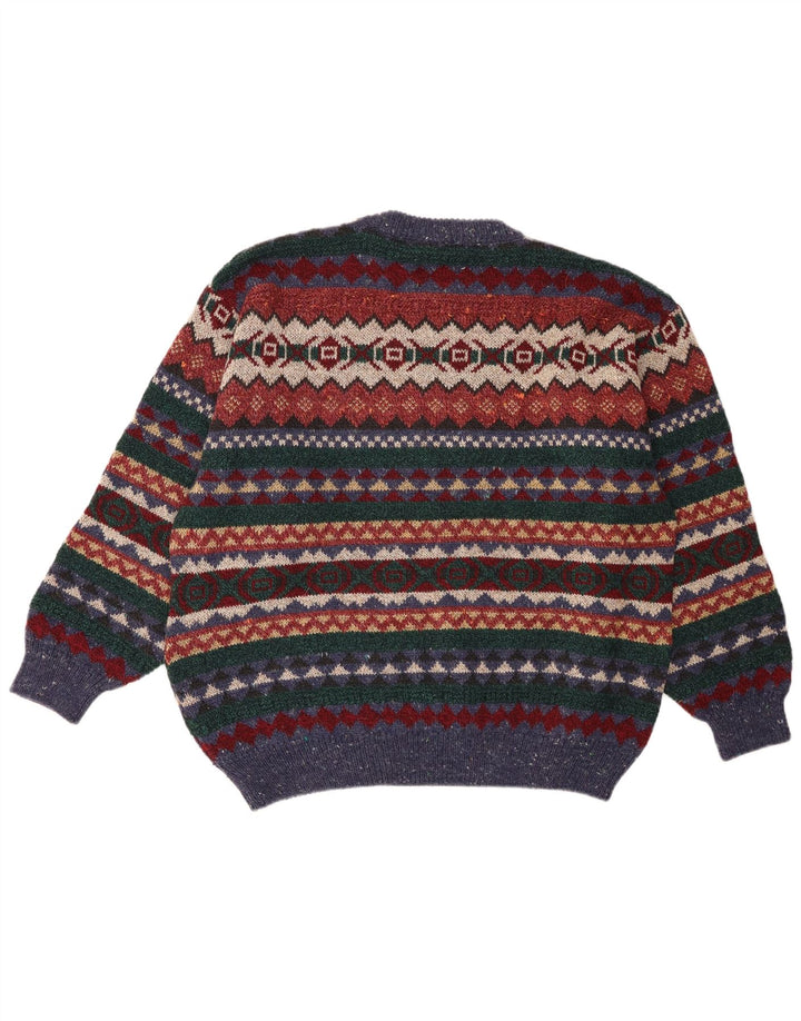 Pulover vintage pentru bărbați cu gâtul turnat XL din lână geometrică multicoloră