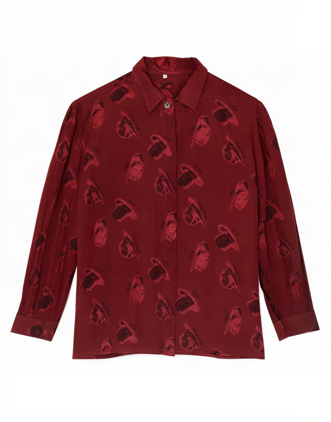 Bluză de cămașă vintage pentru femei cu model abstract, UK 14, viscoză medie burgundy