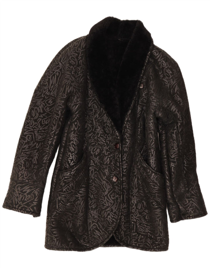 Palton din shearling vintage pentru femei cu model abstract, UK 14 mediu negru