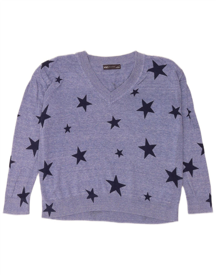Marks & Spencer Pulover cu decolteu în V cu grafic pentru femei UK 10 Small Blue