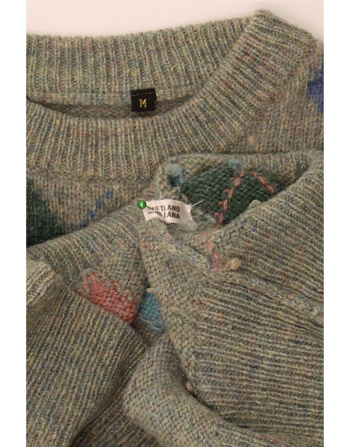 Pulover vintage pentru bărbați cu decolteu triplu, verde mediu, lână Argyle/Diamond