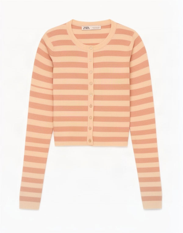 Top cardigan pentru femei Zara UK 12 Medium Bej cu dungi Nylon