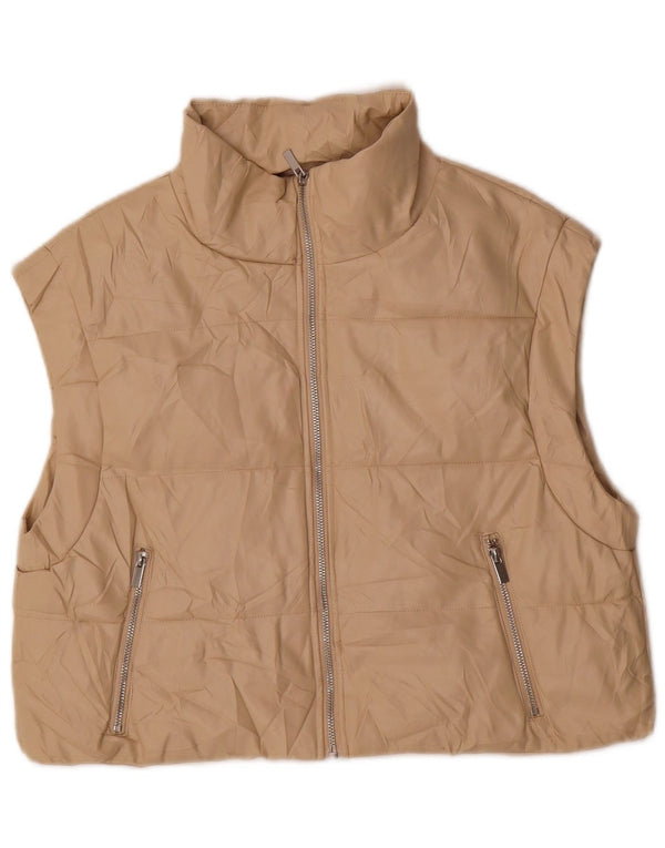 Zara Womens Crop Faux Leather Padded Gilet UK 14 Medium Beige Polyurethane