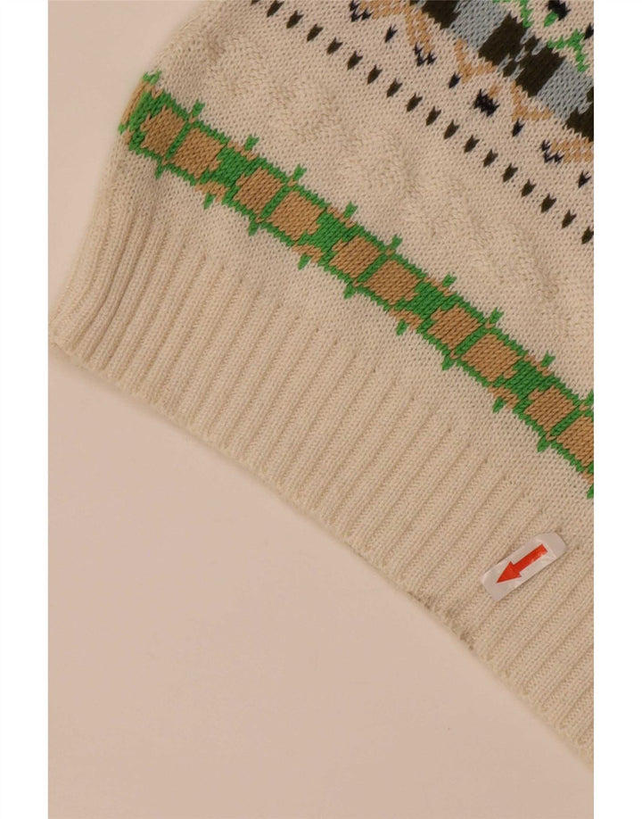 Pulover vintage pentru bărbați cu decolteu în V, bumbac geometric alb mediu