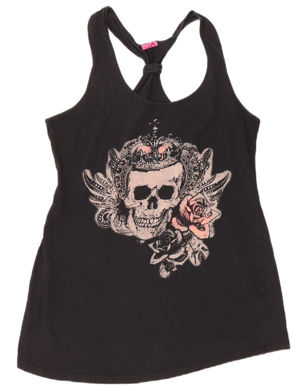 VINTAGE Femei Graphic Vest Vest Top UK 12 Medium Black Bumbac