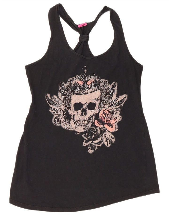 VINTAGE Femei Graphic Vest Vest Top UK 12 Medium Black Bumbac