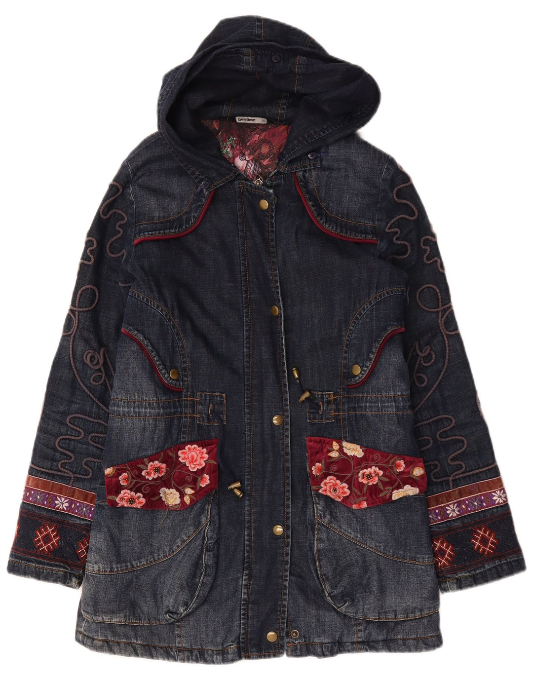 Palton Desigual pentru femei, cu grafică supradimensionată, din denim, EU 36, mic, albastru marin, floral