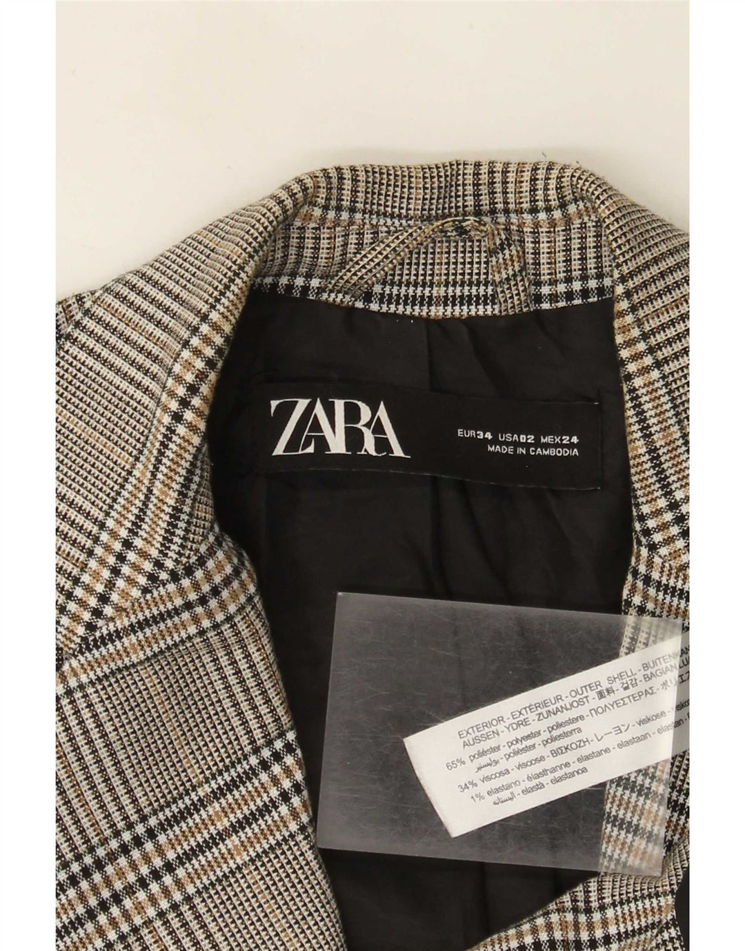 Blazer pentru femei Zara cu 1 nasture EU 34 2XS Poliester cu carouri gri