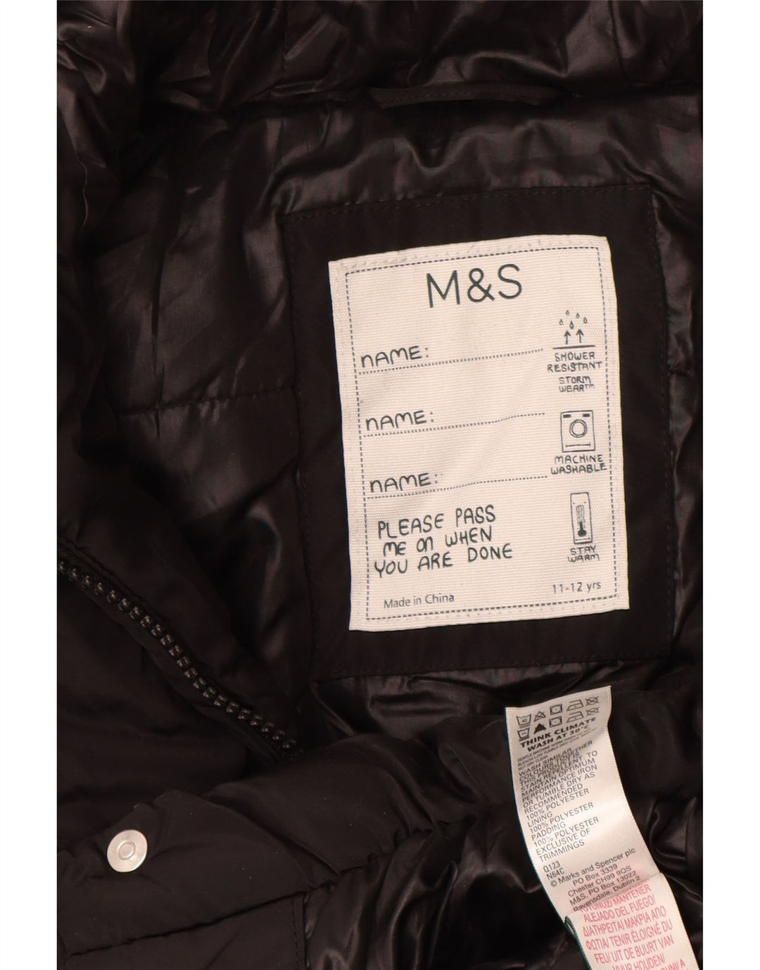 Palton căptușit cu glugă pentru fete Marks & Spencer, 11-12 ani, poliester negru