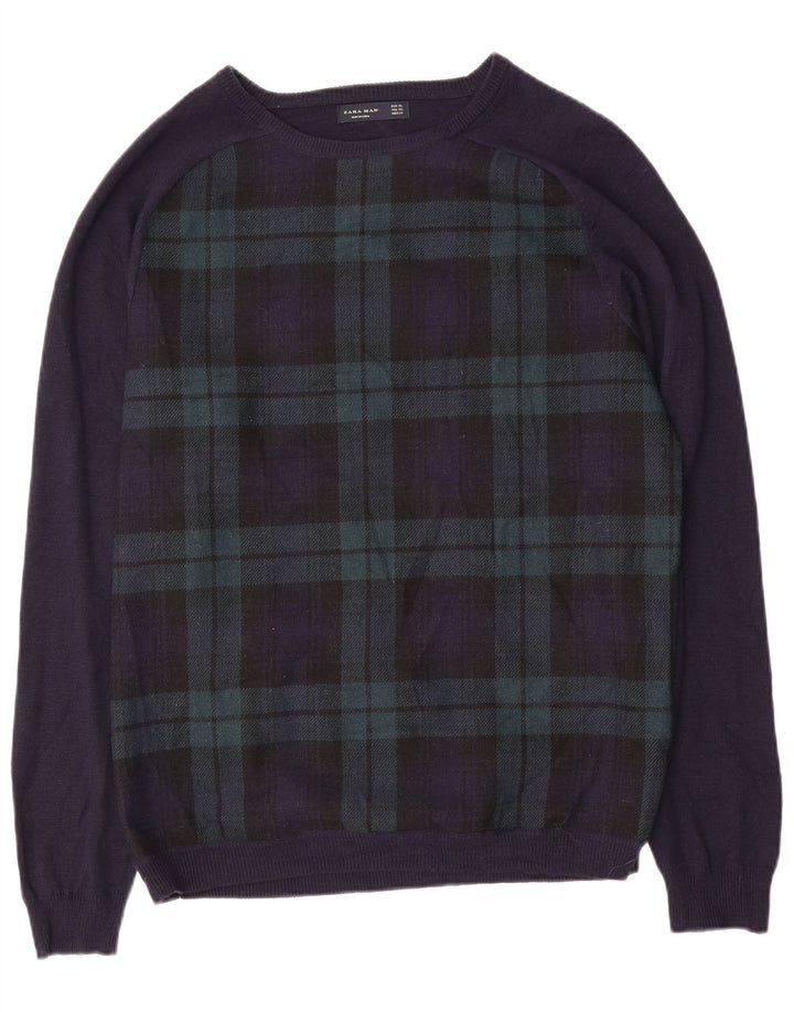 Pulover pentru bărbați ZARA, cu gât de barcă, XL, bleumarin, carouri