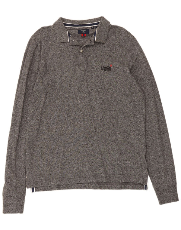 Superdry Mens Long Sleeve Polo Shirt XL Grey Flecked Cotton
