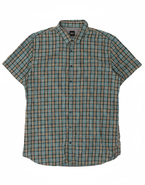 Cămașă cu mânecă scurtă pentru bărbați Hugo Boss XL, bumbac cu carouri albastre