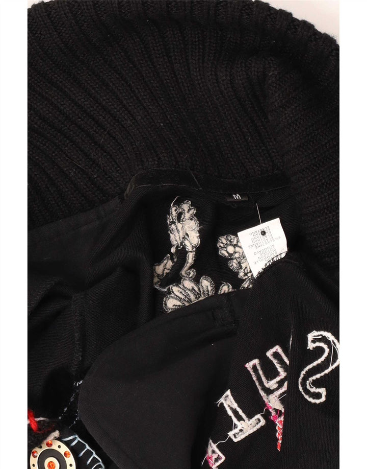 Jachetă vintage pentru femei cu 2 nasturi cu grafică pentru femei UK 12 Medium Black Floral