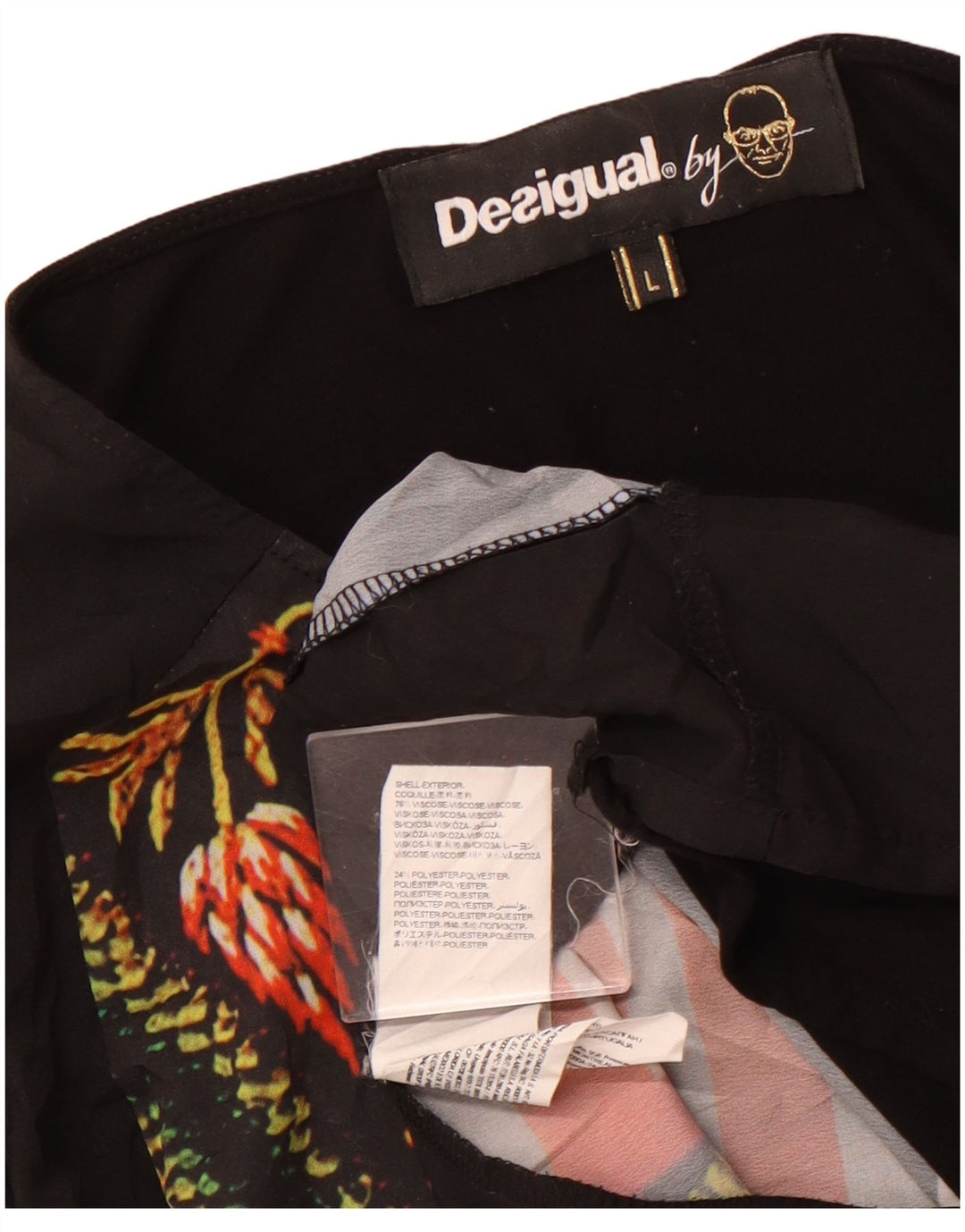 DESIGUAL Top grafic pentru femei cu mânecă lungă UK 14 mare, negru, floral, viscoză