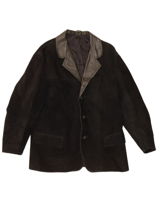 Blazer Vintage pentru bărbați cu 3 nasturi din piele intoarsa, UK 38 Medium Black