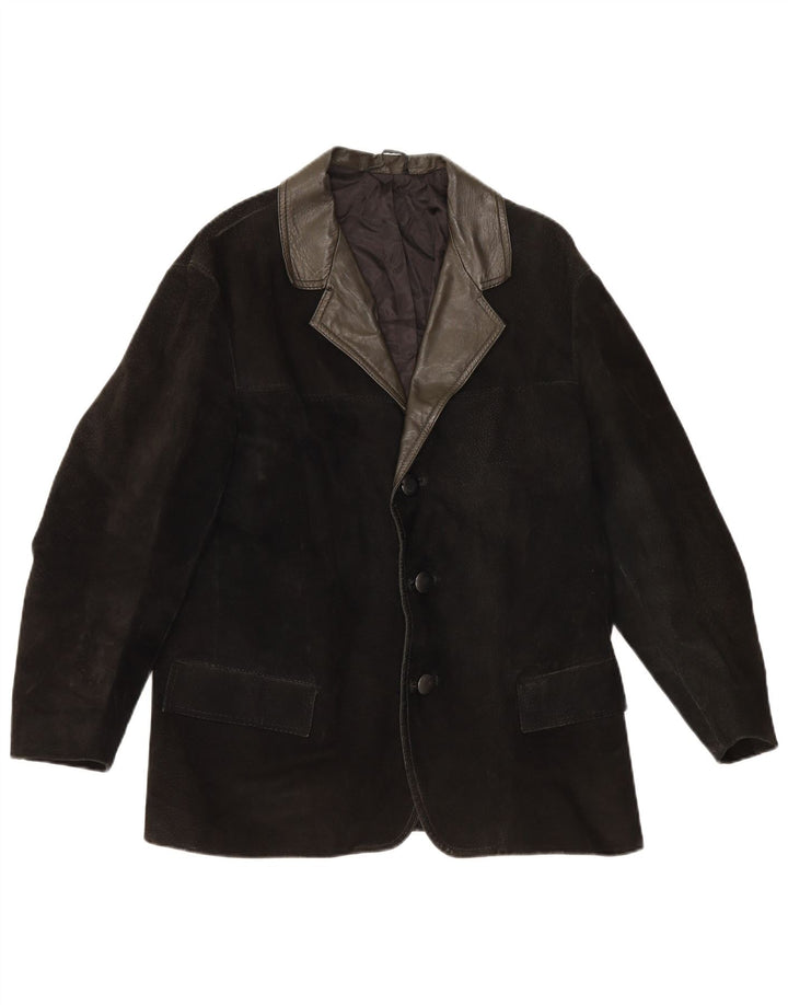 Blazer Vintage pentru bărbați cu 3 nasturi din piele intoarsa, UK 38 Medium Black