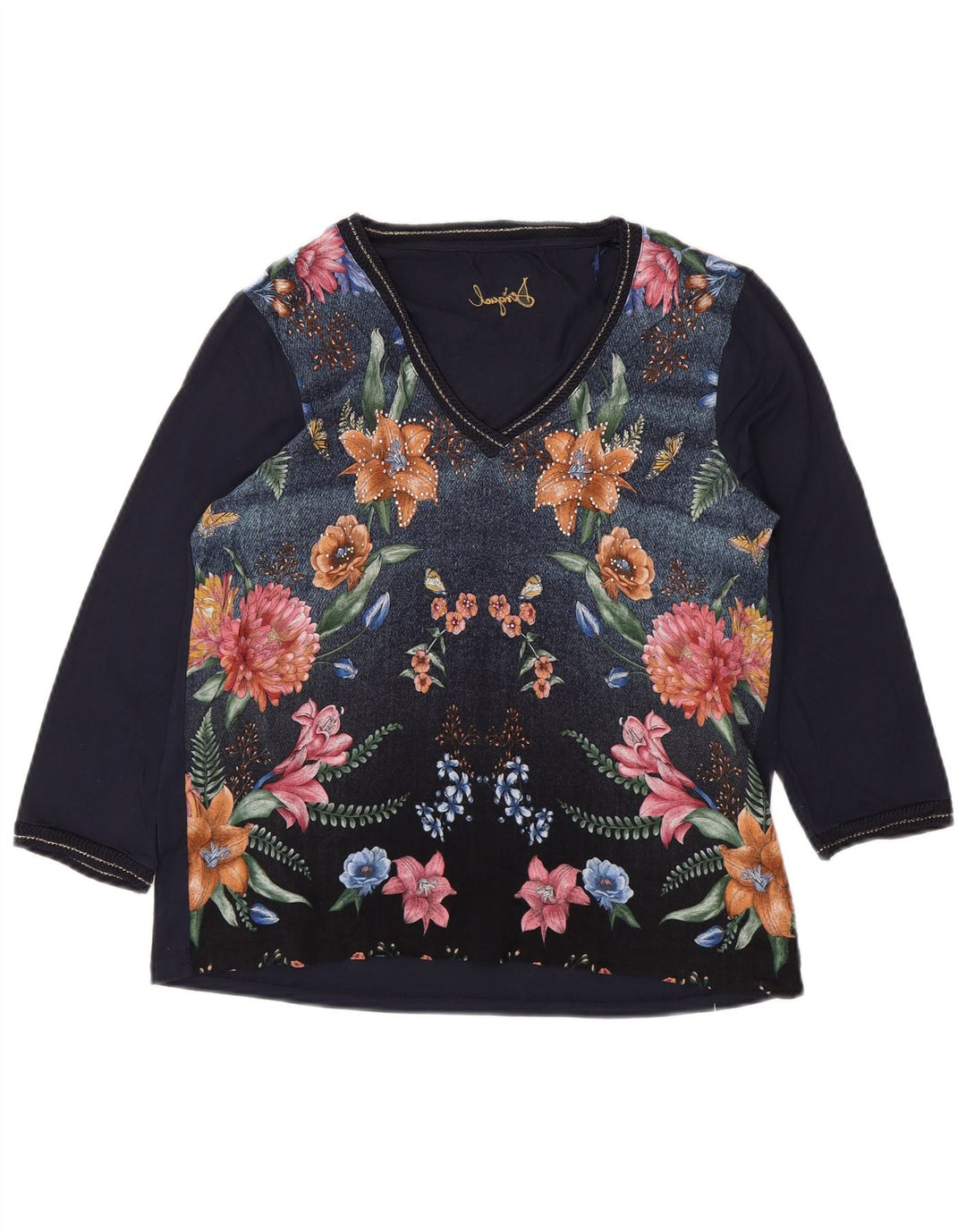 DESIGUAL Womens Top 3/4 Sleeve UK 14 Medium Navy Blue Floral