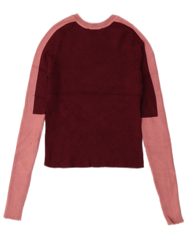 Zara Womens Crop Crew Neck Jumper Sweater UK 12 Medium Burgundy Colourblock