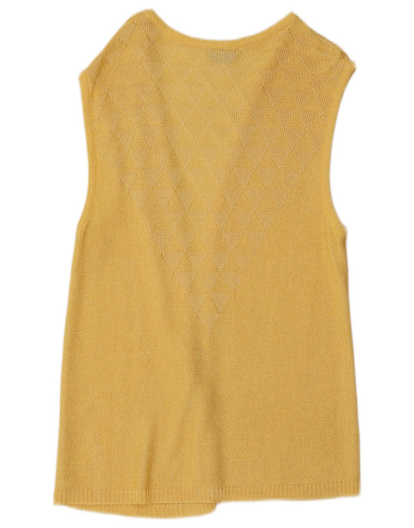 Pulover cardigan deschis fără mâneci cu paragate vintage pentru femei UK 10 mic galben