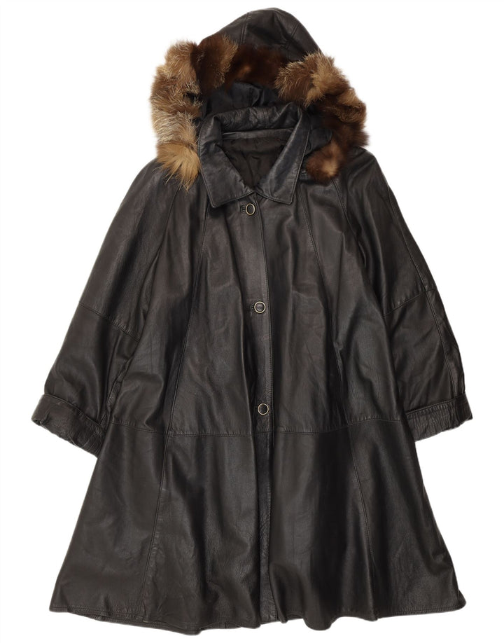 Palton de piele VINTAGE pentru femei, cu glugă, cu croiala largi, UK 14 Piele neagră medie