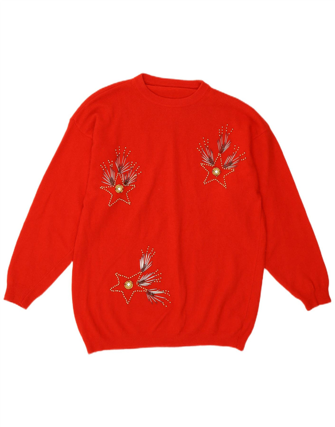 Pulover vintage pentru femei cu model abstract cu gâtul rotund, roșu mediu UK 14