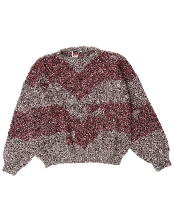 Pulover vintage pentru femei cu gât de barcă UK 14 Medium Gri Colorblock