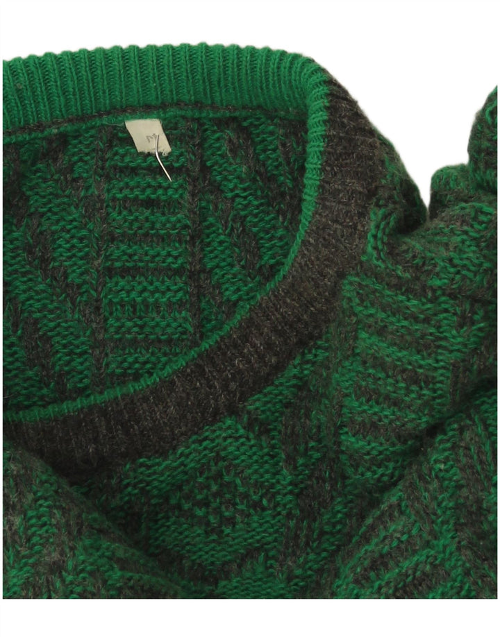 Pulover vintage pentru bărbați cu decolteu triplu, verde mediu geometric
