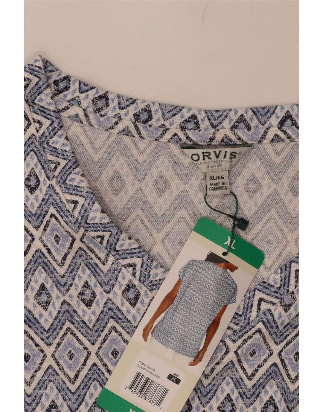 ORVIS Womens T-Shirt Top UK 18 XL Blue Argyle/Diamond Polyester Vintage Orvis and Second-Hand Orvis from Messina Hembry 