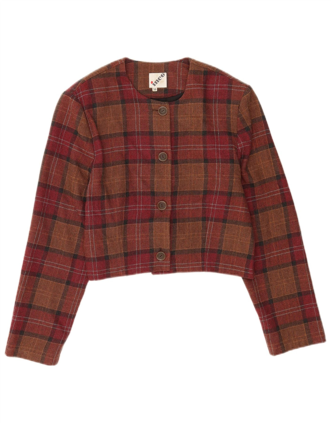 Jachetă vintage pentru femei crop cu 4 nasturi EU 38 Maro Mediu Check