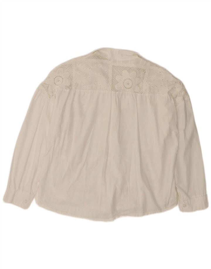 Bluză cămașă pentru femei VINTAGE cu mâneci 3/4 UK 14, bumbac floral, alb, mediu