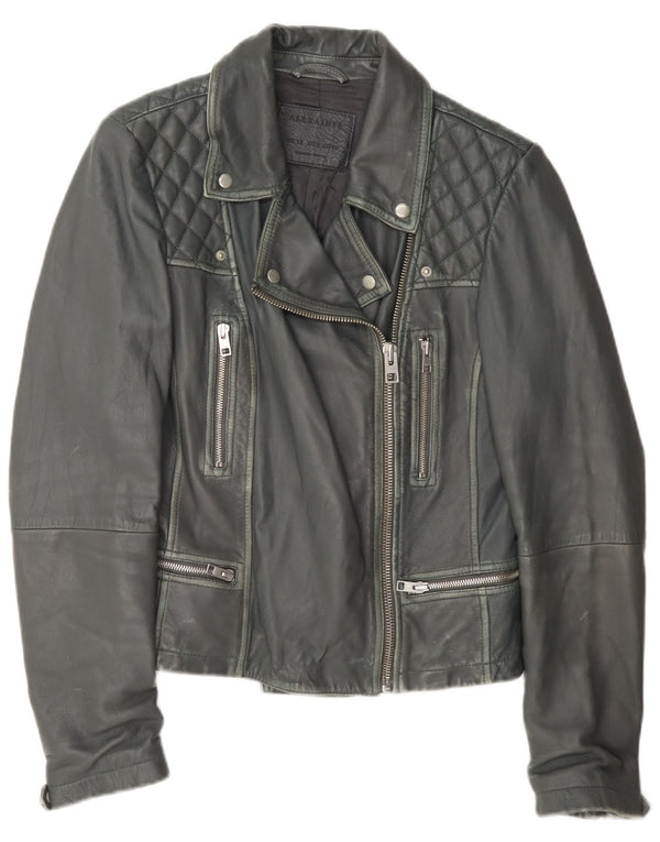 Jachetă motociclist din piele pentru femei All Saints UK 12, gri mediu