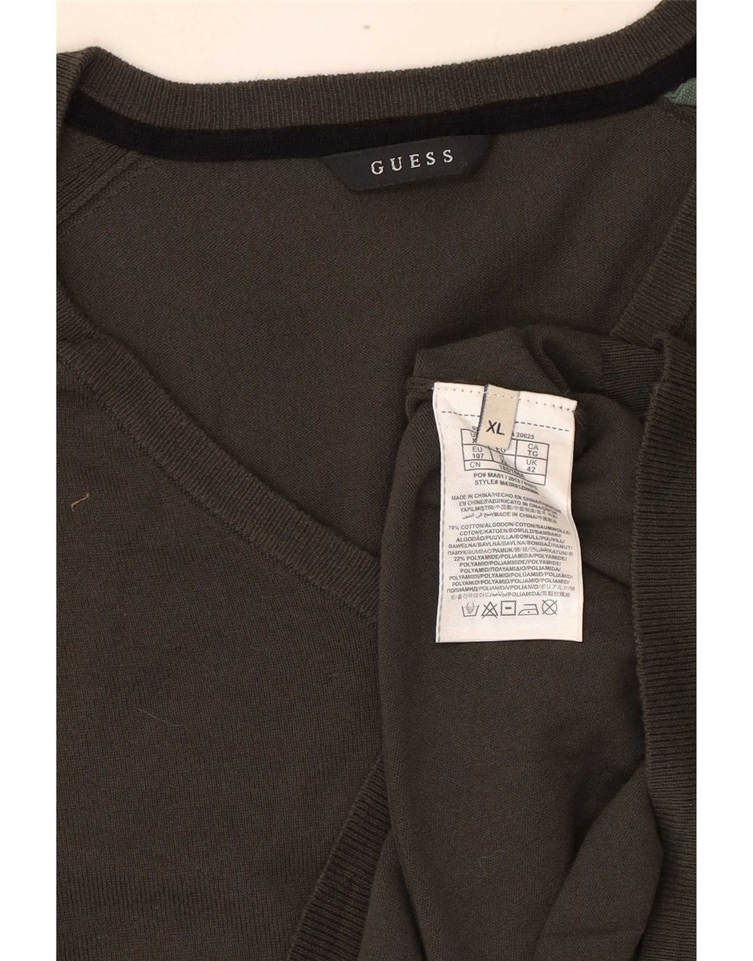 Pulover cu decolteu în V Guess pentru bărbați, bumbac kaki XL