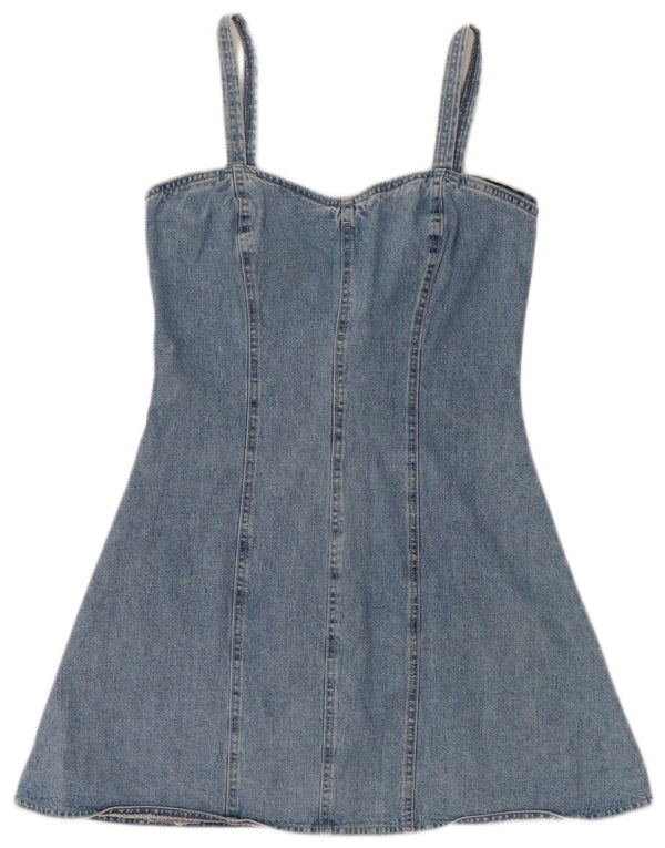 Mini rochie din denim vintage pentru femei, fără mâneci, UK 12, bumbac albastru mediu
