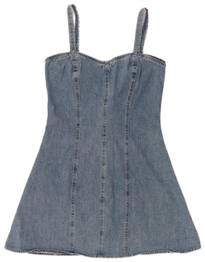 Mini rochie din denim vintage pentru femei, fără mâneci, UK 12, bumbac albastru mediu