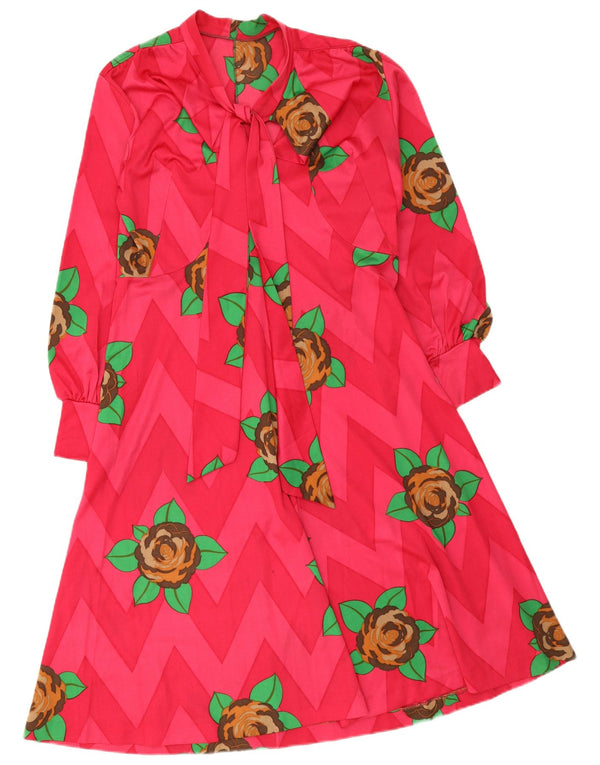 Rochie vintage pentru femei cu mâneci lungi, cu cravată în față, în linie A UK 12, roz mediu, florală