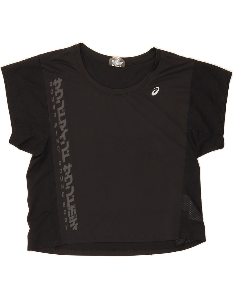 ASICS Womens Crop Graphic T-Shirt Top UK 14 Medium Black Polyester Vintage Asics and Second-Hand Asics from Messina Hembry 