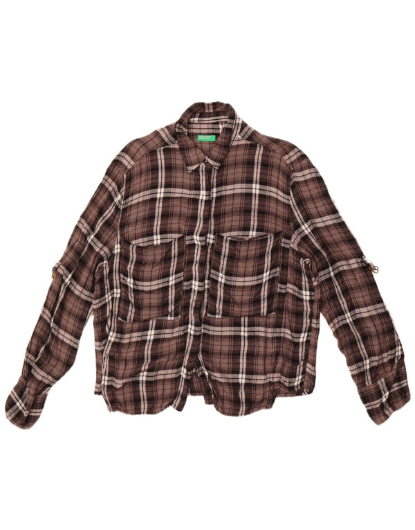 Cămașă de flanel pentru femei Benetton UK 14, maro mare, carouri