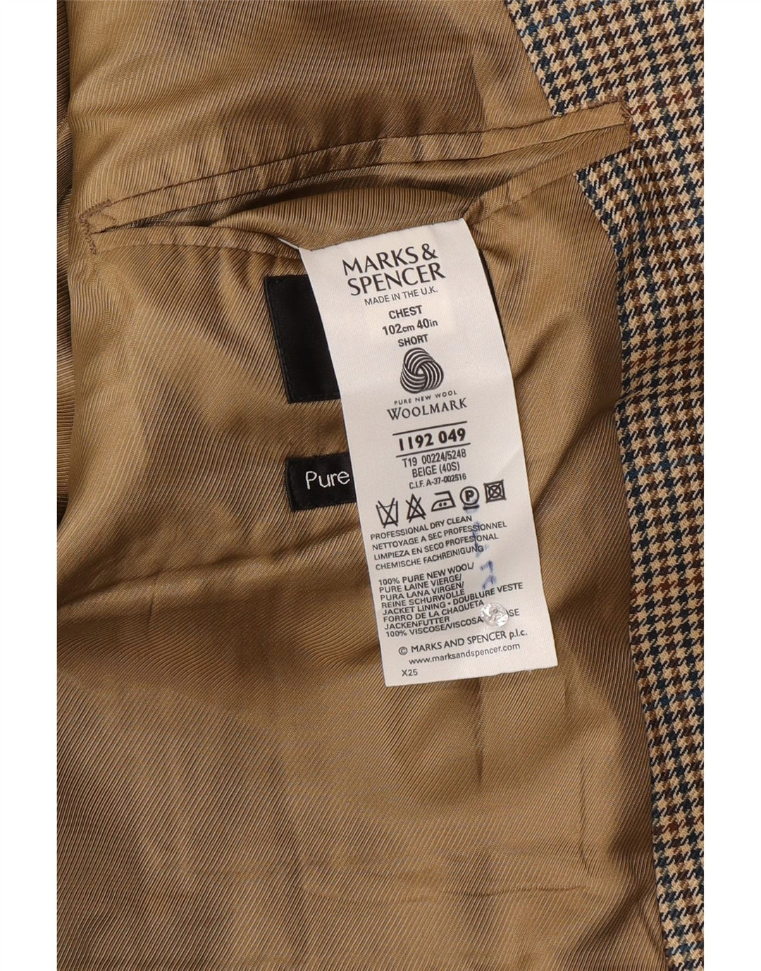 Jachetă pentru bărbați Marks & Spencer pentru bărbați, cu 2 nasturi, UK 40, lână cu carouri, bej mediu