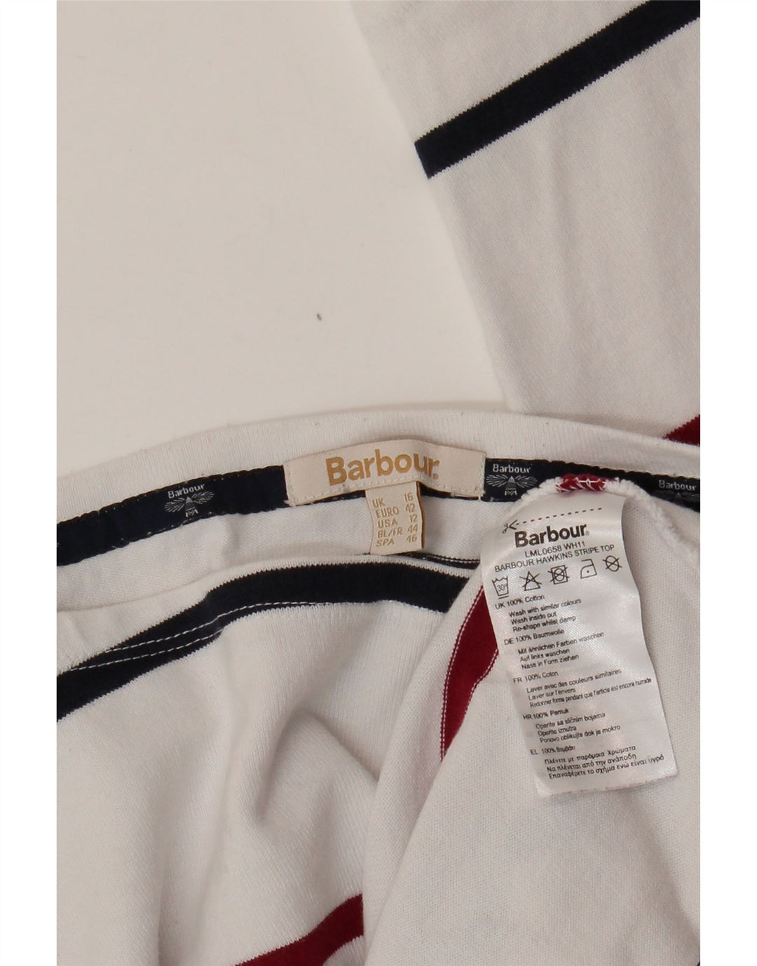 BARBOUR Top pentru femei cu mânecă lungă UK 16 mare, bumbac cu dungi albe