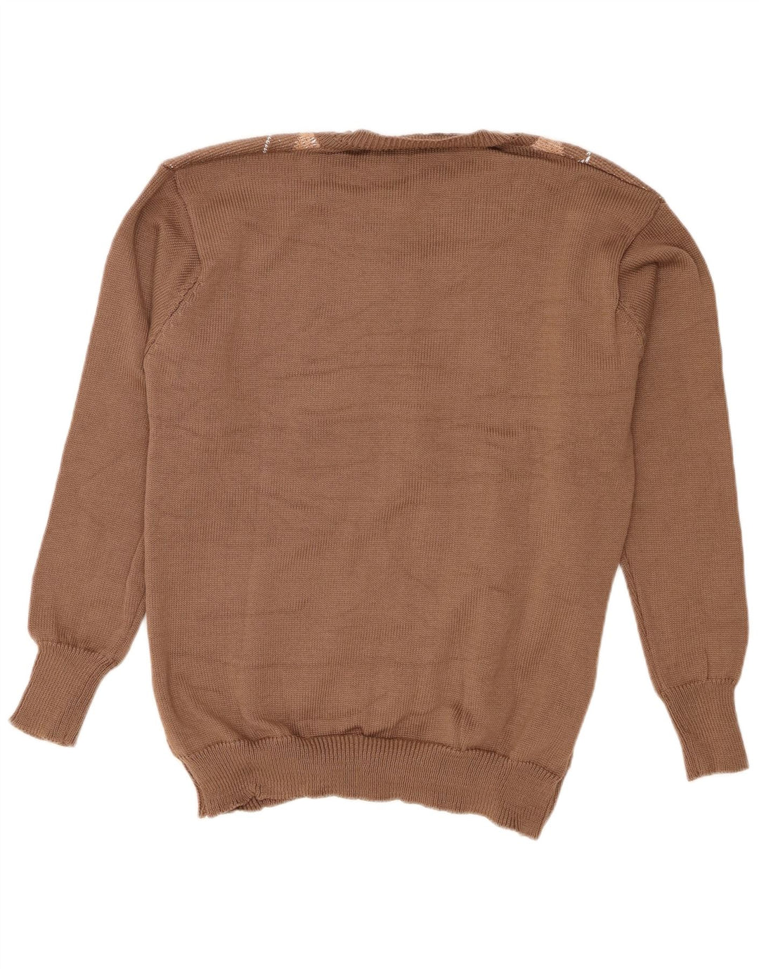 Pulover vintage pentru femei cu decolteu în V, mare, maro, poliester Argyle/Diamond