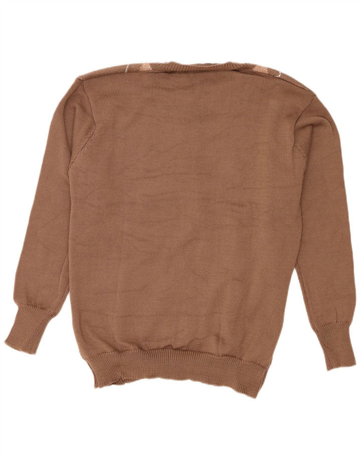 Pulover vintage pentru femei cu decolteu în V, mare, maro, poliester Argyle/Diamond