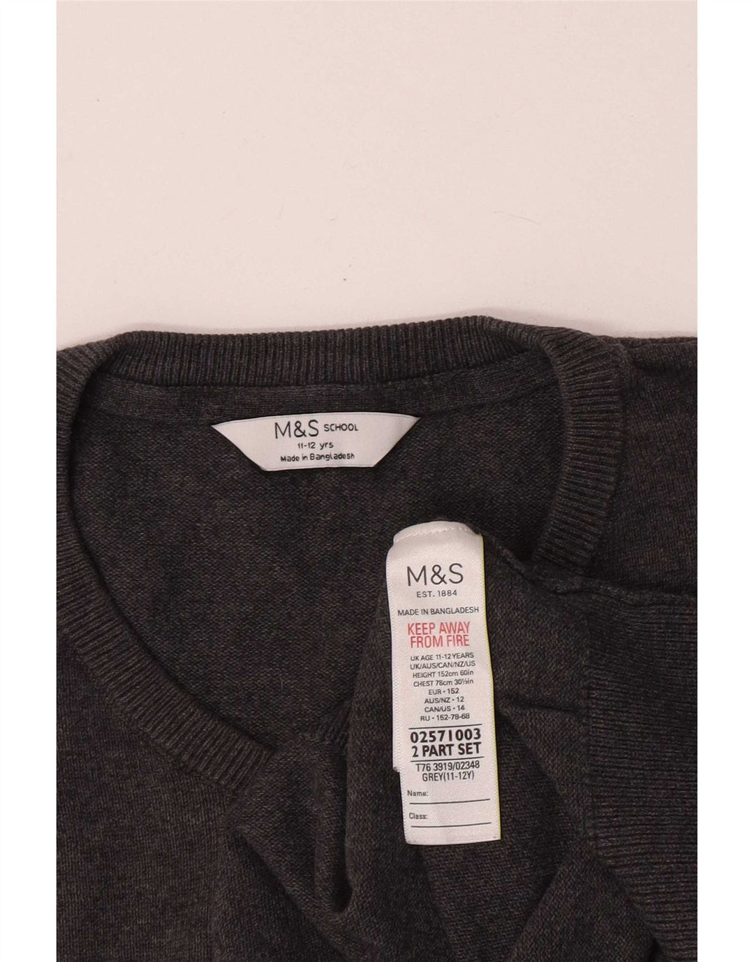 Pulover cu decolteu în V Marks & Spencer pentru băieți, 11-12 ani, bumbac gri