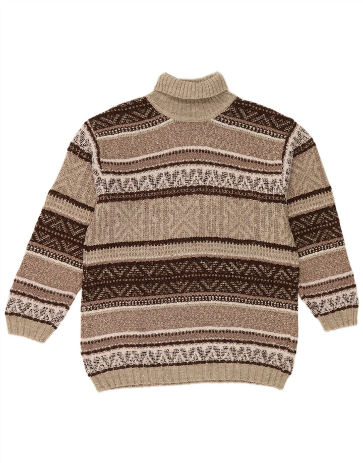 Pulover vintage pentru bărbați cu gât rulat, lână geometrică, maro medie