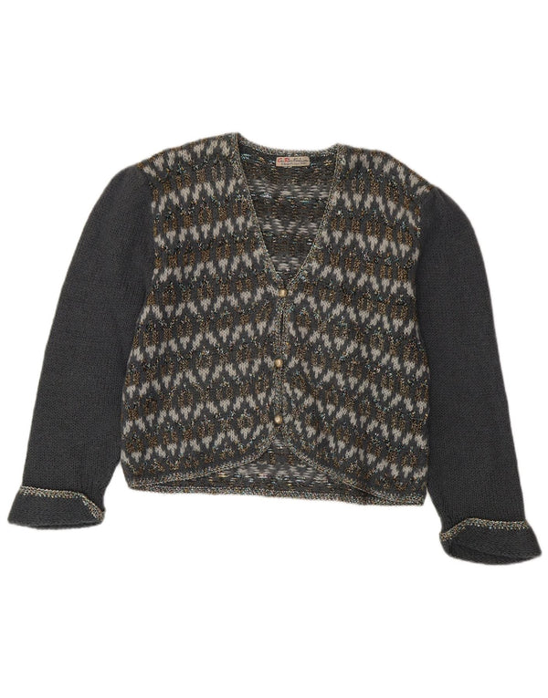 Pulover Cardigan Vintage pentru Damă UK 14 Medium Gri Geometric Mohair