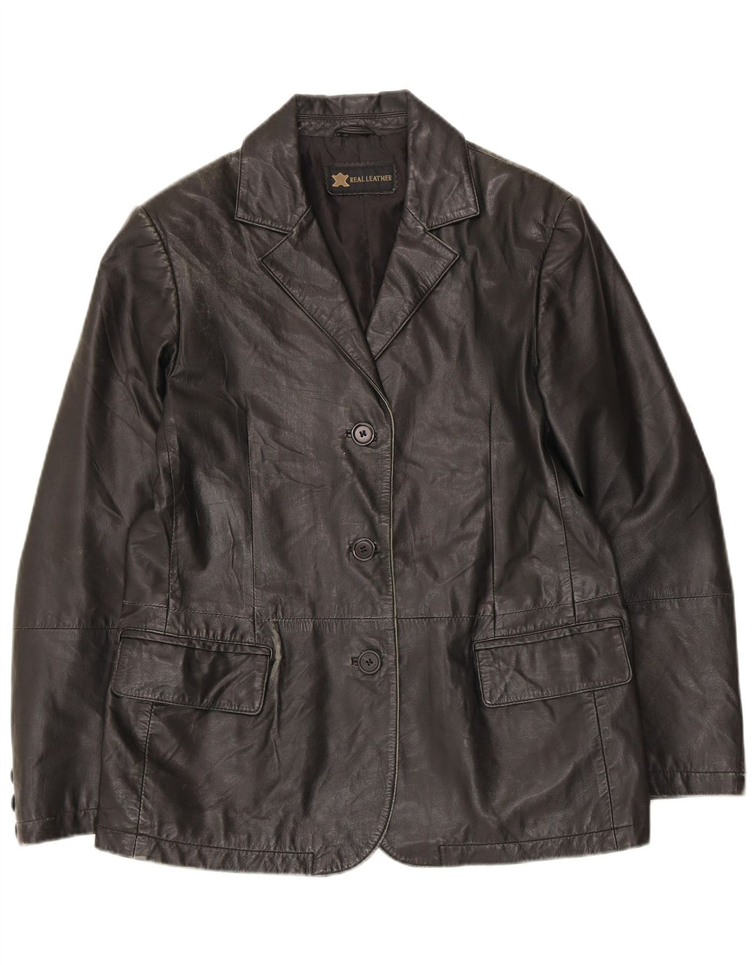 Jachetă vintage din piele cu 3 nasturi pentru femei UK 14 Medium Black Leather