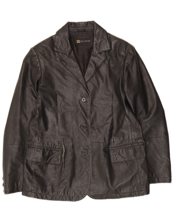 Jachetă vintage din piele cu 3 nasturi pentru femei UK 14 Medium Black Leather