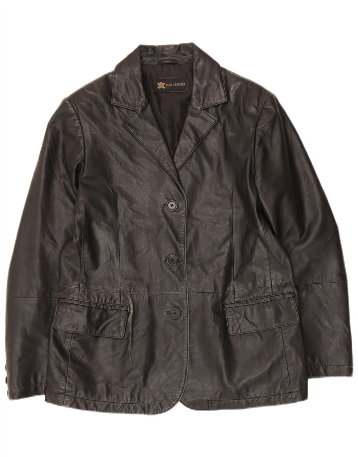 Jachetă vintage din piele cu 3 nasturi pentru femei UK 14 Medium Black Leather