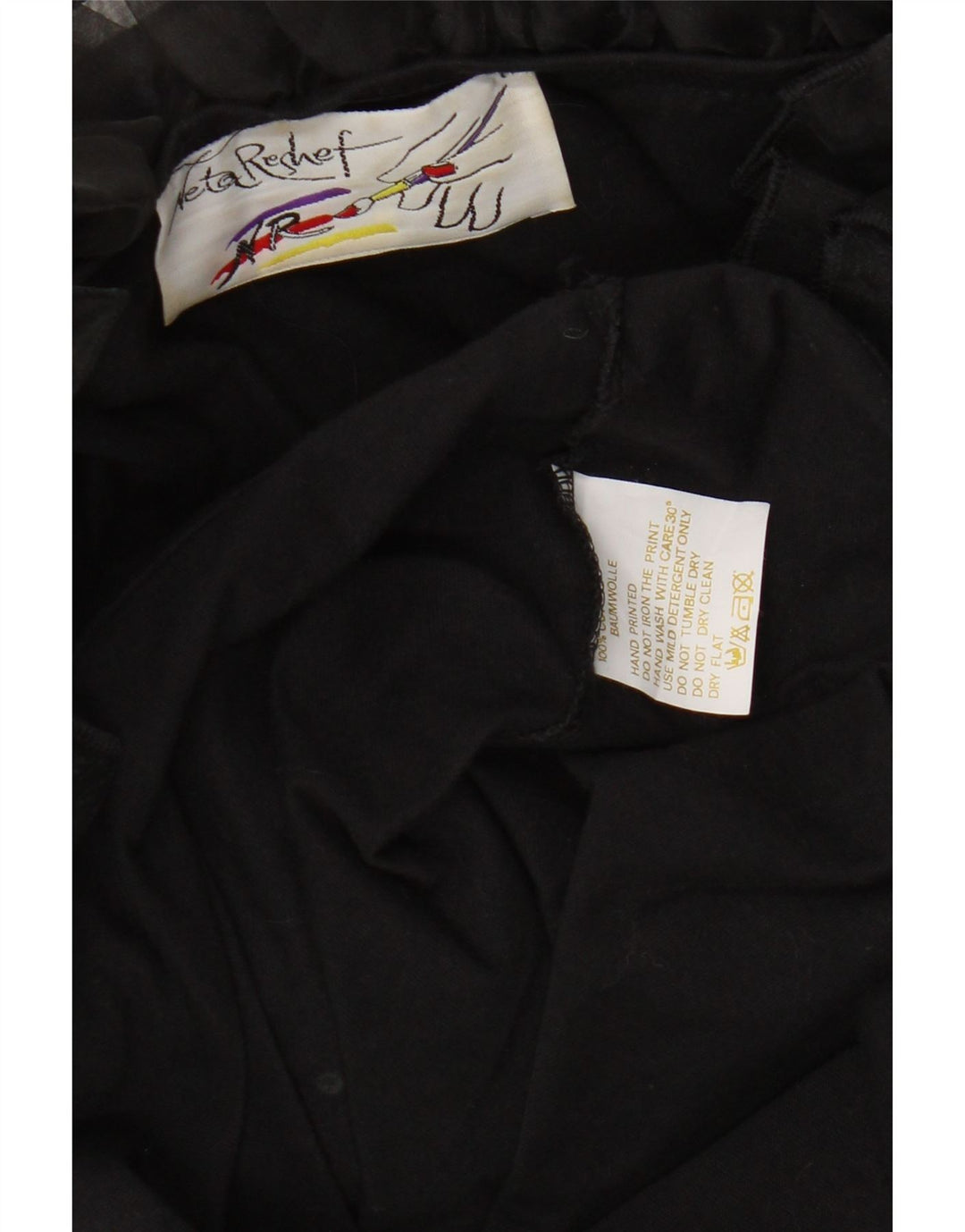 Top cu tunică cu mânecă lungă cu volan în față pentru femei vintage UK 16, bumbac negru mare