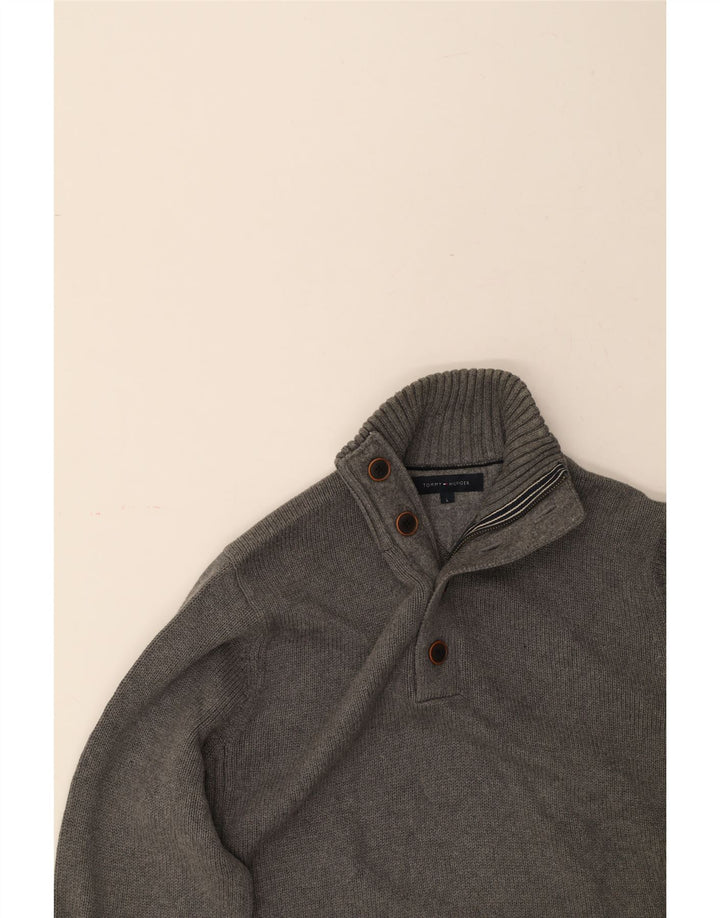TOMMY HILFIGER Mens Button Neck Jumper Sweater Large Grey Cotton Vintage Tommy Hilfiger and Second-Hand Tommy Hilfiger from Messina Hembry 