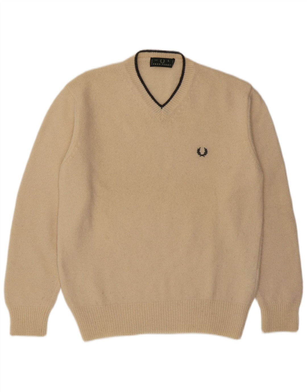 Fred Perry Pulover cu decolteu în V pentru bărbați, lână mare, bej